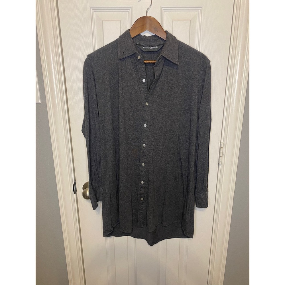 Norma Kamala Women's Medium Dark Grey Heather Long Sleeve Button Up Shirt ‎ Soft